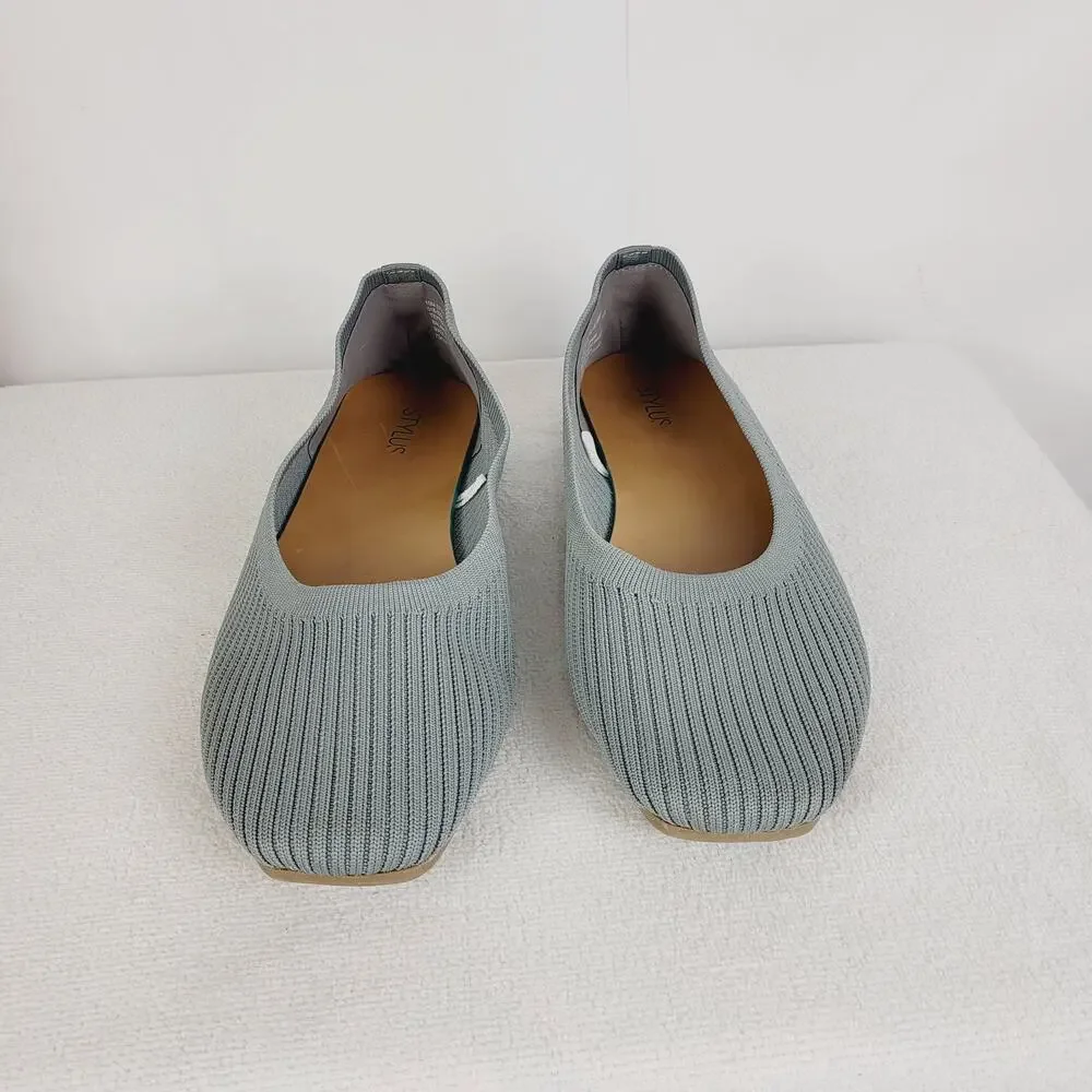 Stylus Womens Franco Grey Square Toe Ribbed Fabric Slip On Flats Size 10